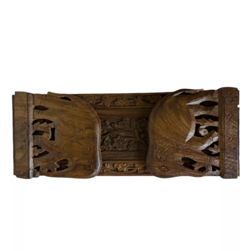 Vtg Ornate Handcarved Elephant Wood Slide Expandable Bookrack Ends Shelf India - Picture 16 of 16